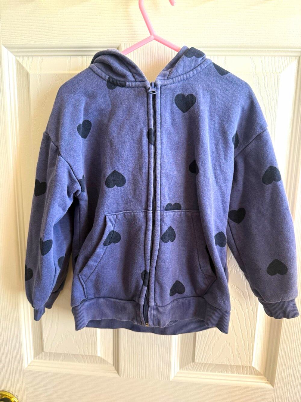 H&M Girls Blue/Black Full Zip Fleece Hoodie Heart Print Pockets Size 5-6Y